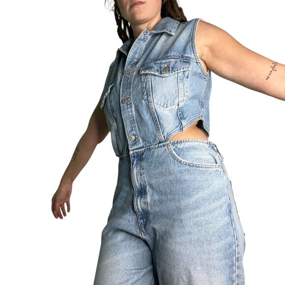 NWT Zara Full Length Denim Cut Out Jumpsuit Sz XL Sleeveless Distressed - Picture 3 of 16